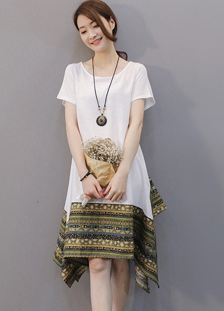 Minibee Women's Ethnic Cotton Linen Short Sleeves Irregular Tunic Dress (M, White) - Image 2